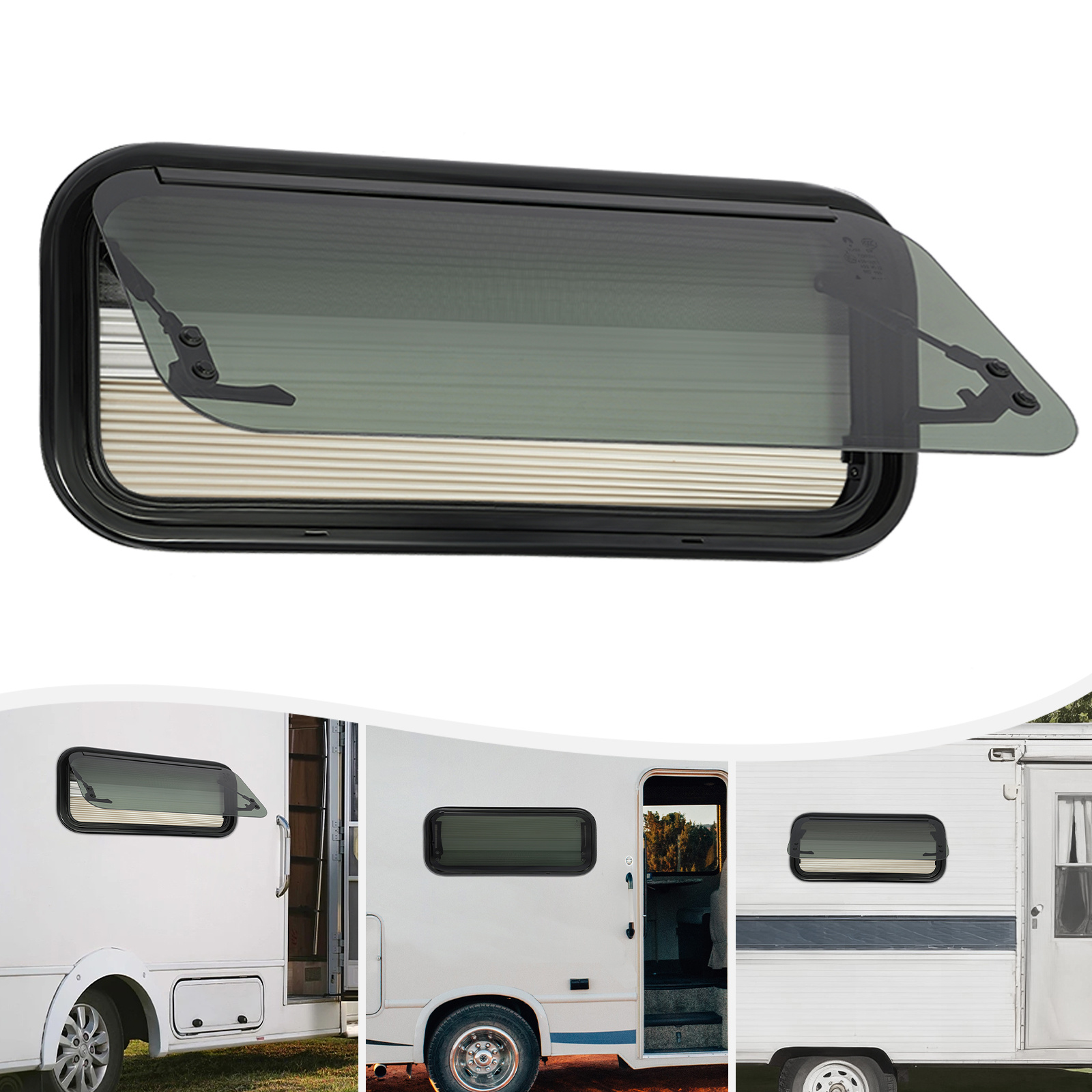 TEMU Fenêtre extérieure pour camping-car CNCEST avec moustiquaire et pare-soleil, fenêtre de en verre trempé noir - Angle d'ouverture de -85°, facile