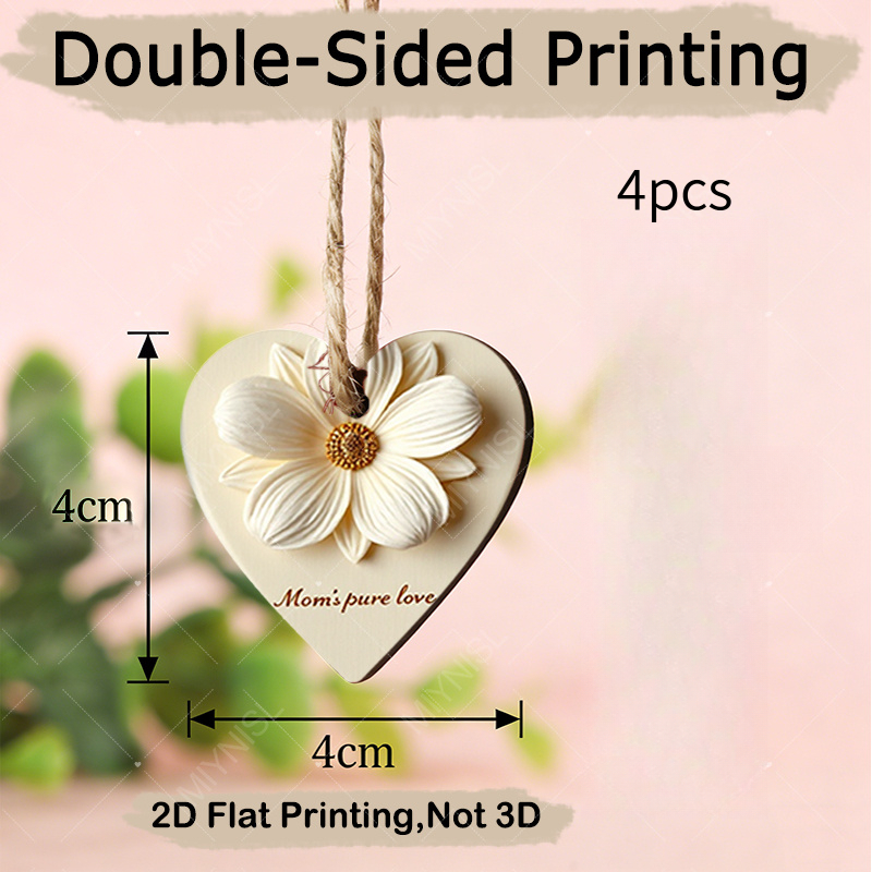 TEMU 2d Flat, 4pcs Set, 2d Flat Wooden Single-sided Printed Heart-shaped Hanging Ornaments Decorated With White Flowers And Lettering, Suitable For