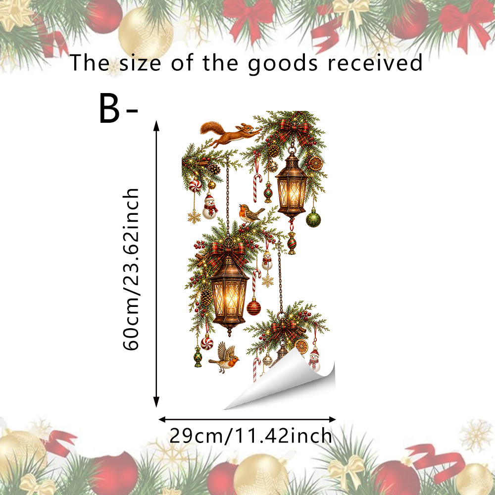 TEMU 1pc Morandi Retro Lantern Pine Branch Static Window Cling, Static Adsorption No Residue Reusable, Hanging Vintage Kerosene Lamp, Red Flower