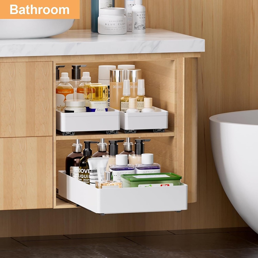A Set Of 3 Pull-out Storage Units In Sizes, Featuring Drawers With Metal Frames And Rail Design, Designed For Cabinets To Organize Spices And Other Essential Kitchen Items