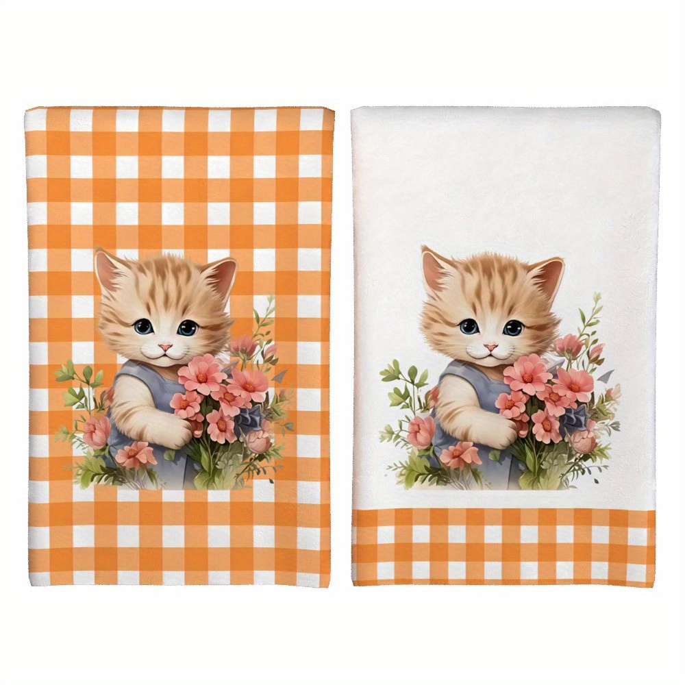 TEMU 2er-Set Katze in Oranges Hemd Design Küchentücher, 18x26" - Schnelltrocknend, Hochabsorbierend & Maschinenwaschbar Polyester, mit Blumen- &