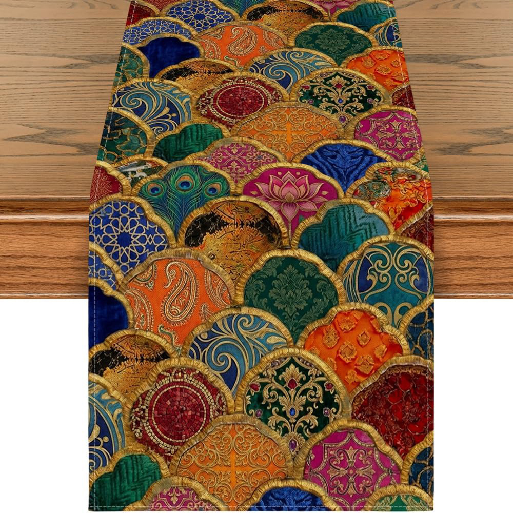 TEMU 1pc Paisley Table Runner With Feather & Rooster Feather For Lotus - Wave-shaped Suitable For Home Kitchen Dining Table Decor, Rectangular Runner
