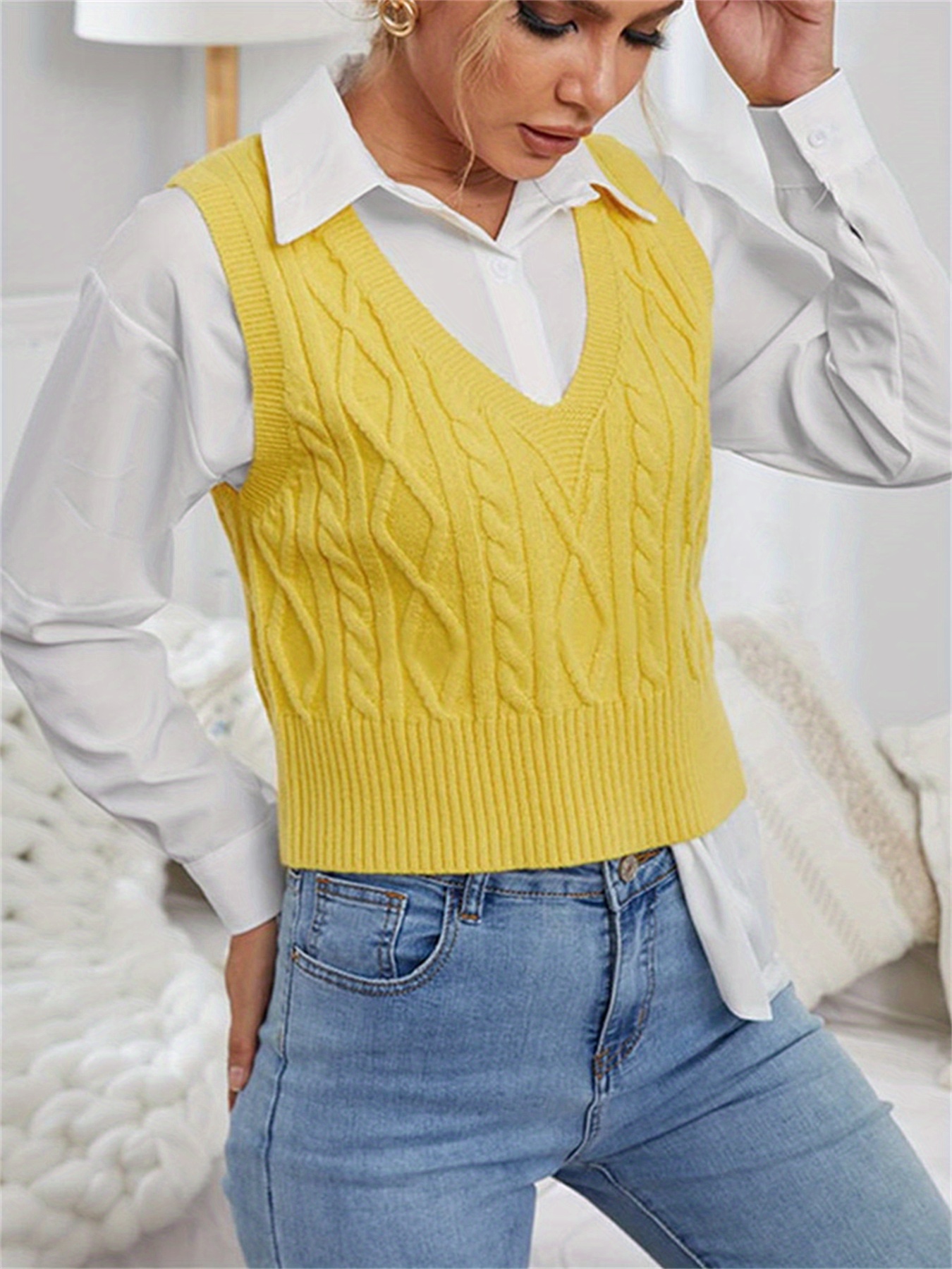 womens v neck cable knit sweater vest Temu