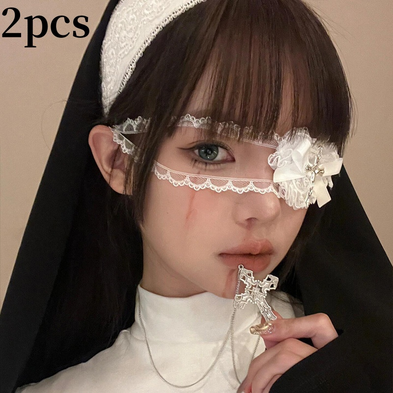 2pcs Women'S Adjustable White Lace Crucifix Eye Patch Halloween Dark Gothic Nun Costume Accessor