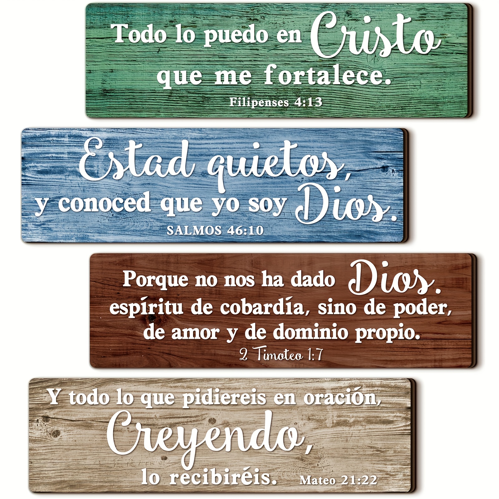 TEMU Juego de 4 piezas de decoración de pared con versículos bíblicos en español, placas colgantes cristianas de madera, decoración de estilo