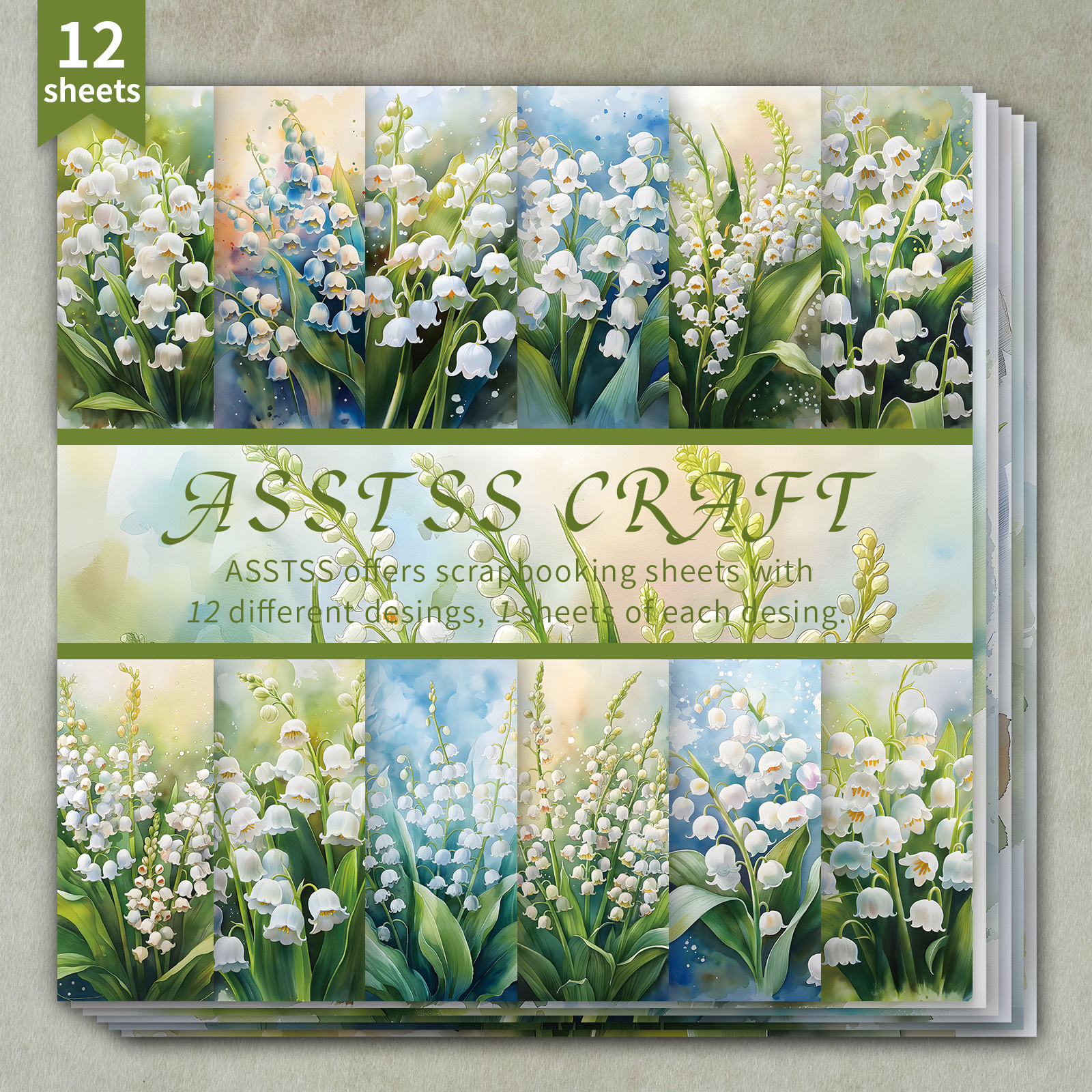 TEMU A 12-sheet Scrapbook Paper Pad Measuring 6 By 6 Inches, Featuring A Watercolor Design Of Lily Of The Valley In Style. This Heavyweight Cardstock