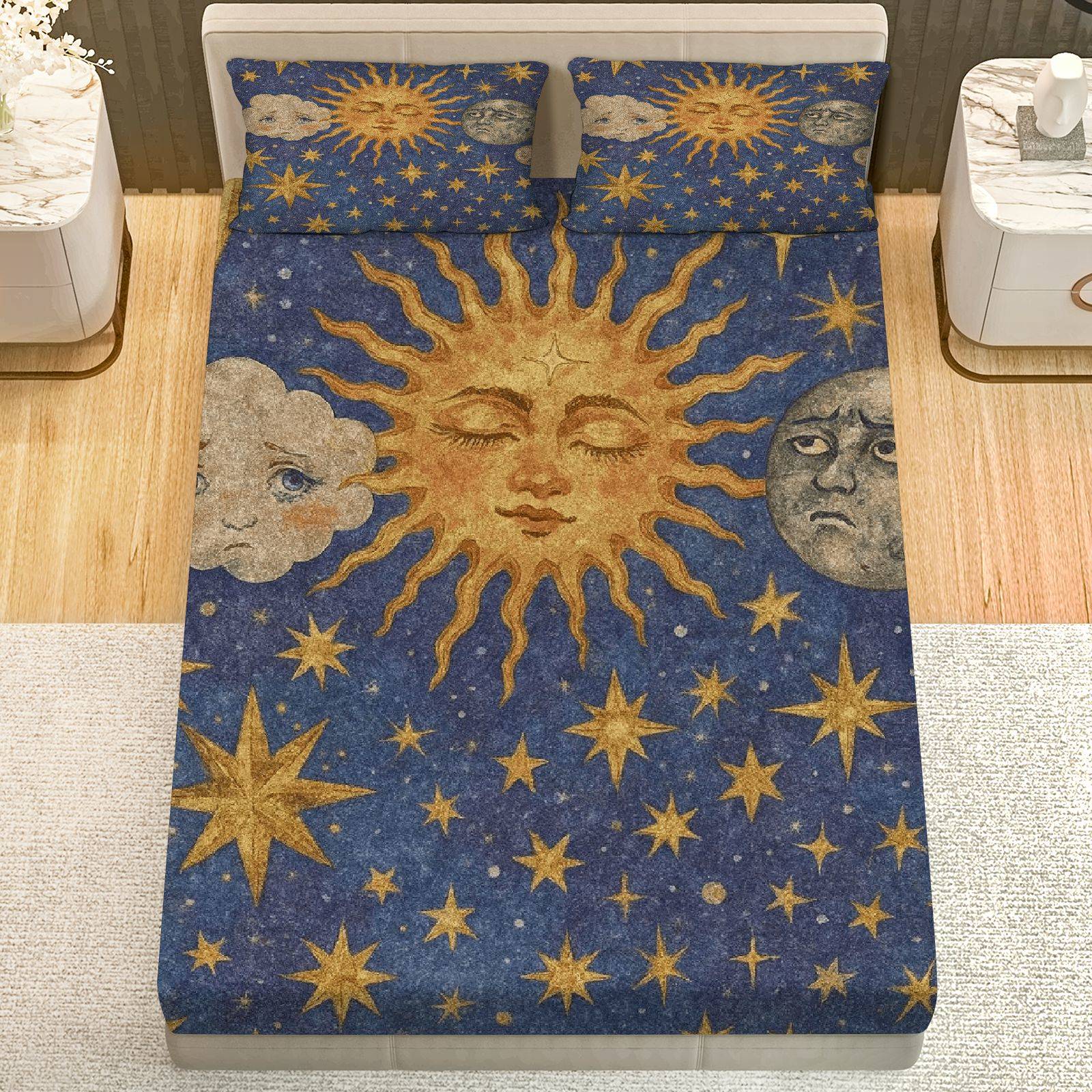 TEMU 3pcs Fitted Sheet 3 Piece Set (1*fitted Sheet 2*pillowcases, ), Celestial Theme, Astrology Bedding Set, Mattress Protector Soft, Breathable