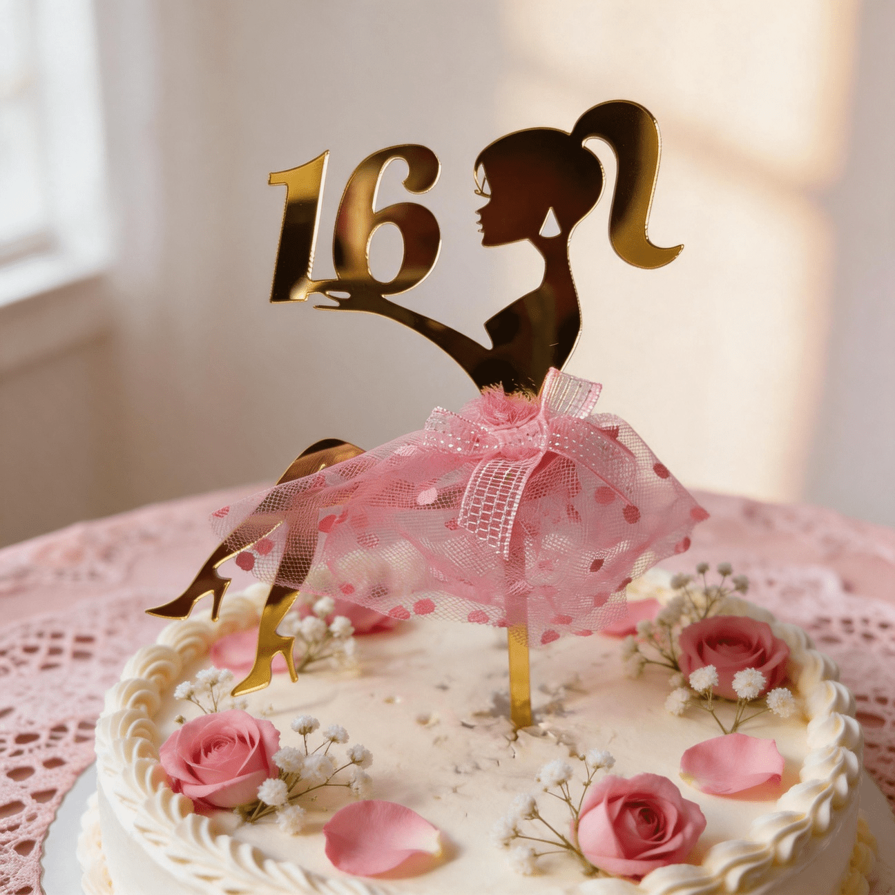 TEMU 1pc Golden Acrylic Sweet 16 Girl Silhouette In Pink Topper, Milestone Party Supplies, Halloween Thanksgiving Christmas New Year, Table