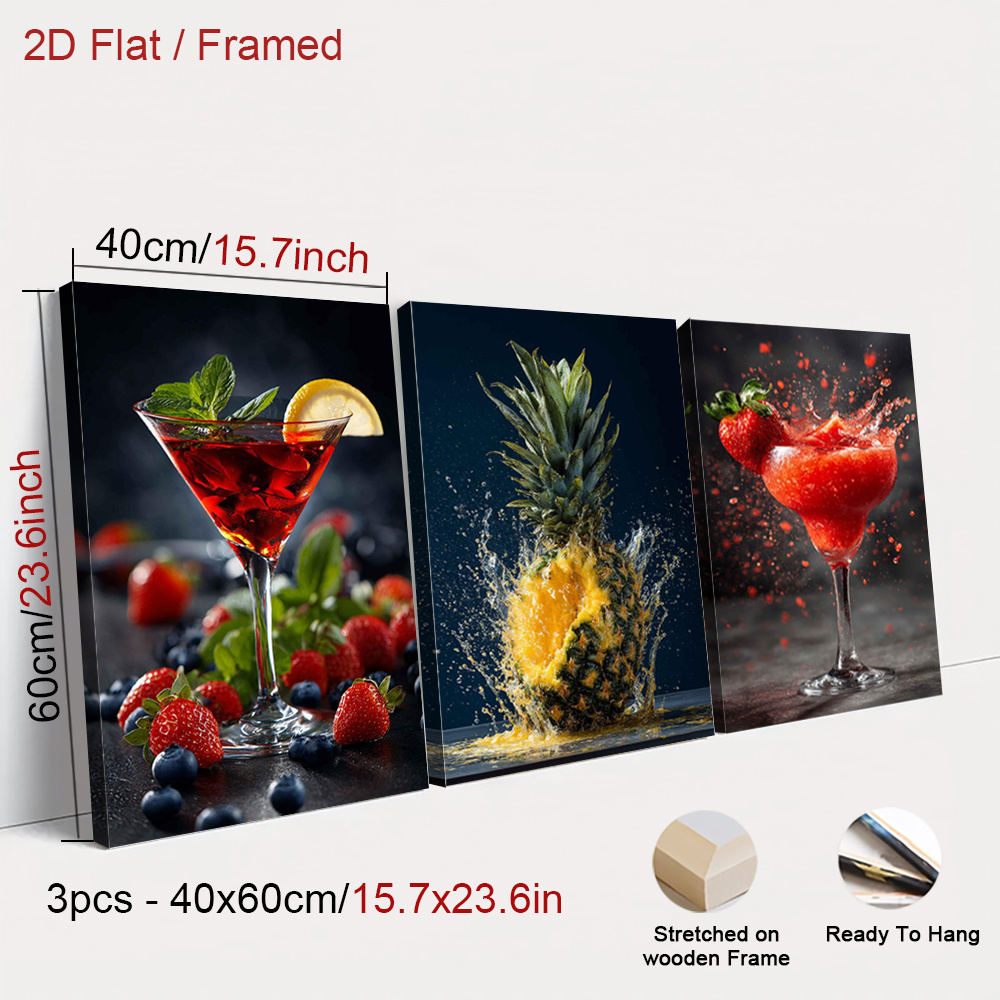 TEMU 2d Flat, 3pcs Framed Fresh Fruit Art Prints Poster, Beverage Drink Canvas Painting, Tropical Decor, Classic Wall Arts, Retro Wall Decorations