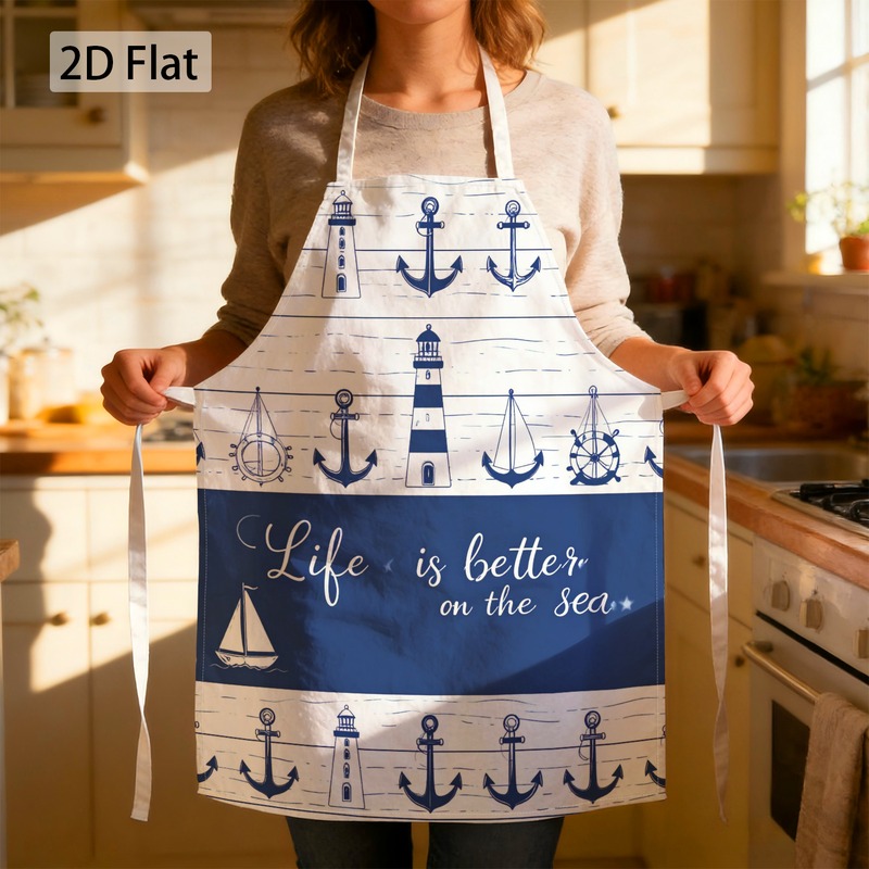TEMU 1pc Nautical Beach Vacation Lighthouse, Anchor, Sailboat Graphic Chef Apron Print, Decorative, Coastal Vibe 27 X 22 Inch (68 X 55 Cm) Kitchen