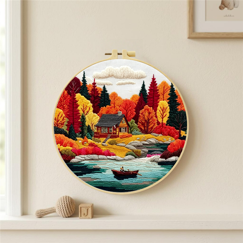 Embroidery Kit, Autumn Lakeside Cabin Design