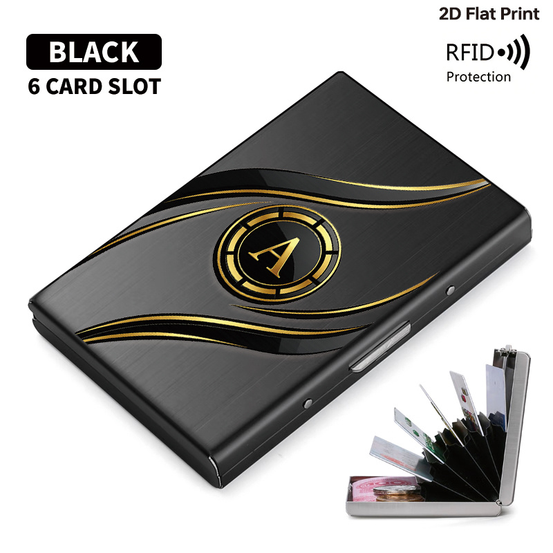 TEMU Porte-cartes en métal -RFID pour homme et femme, étui à cartes de crédit fin avec lettre A dorée, design , ouverture latérale, ultra-mince, ,
