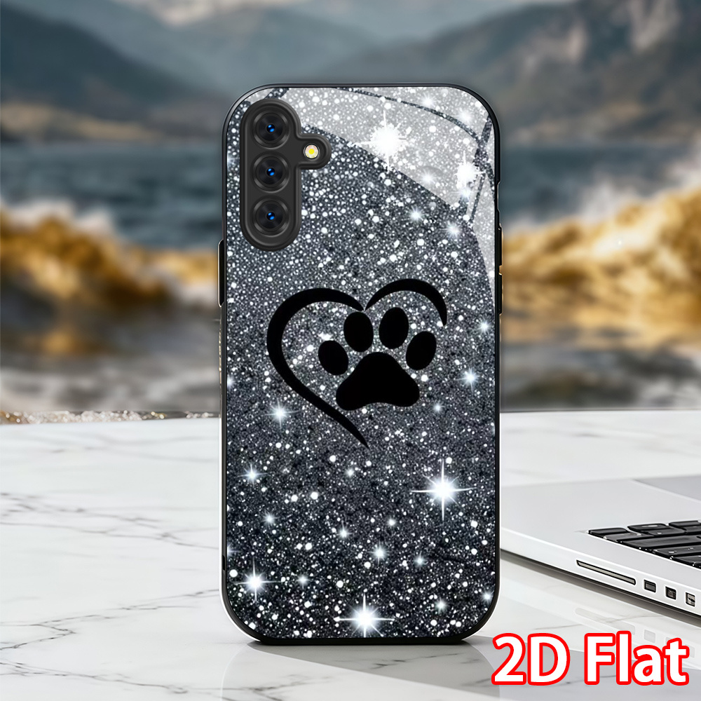 Image of Phone Case: 2d Glitter Paw Print Phone Case Sparkly Aesthetic Glass Phone Case For Galaxy S22 S23 S24 S25 S26 A13 A14 A15 A16 A36 A17 A34 Fe A Gift For Her Elegant Phone Case Fashion Protective Case