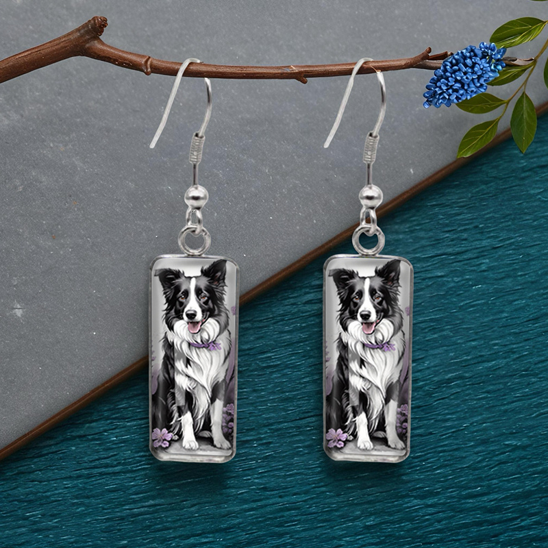TEMU Handcrafted Glass Dome Jewelry Featuring A Pair Of Rectangular Dangle Earrings With A Border Collie Design, Without Battery