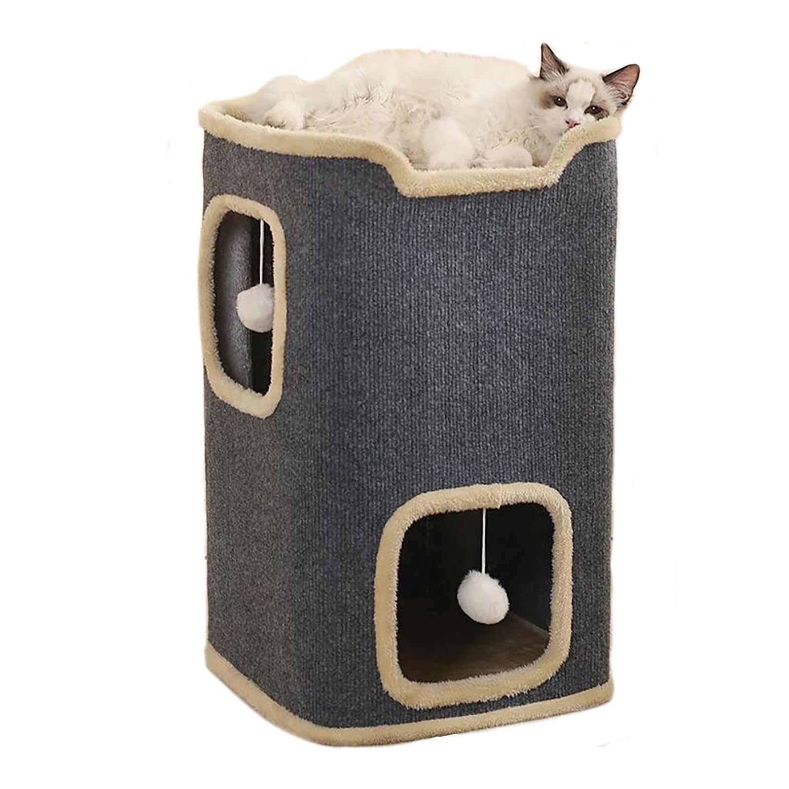 E-shop Zweistöckiges Katzenhaus, Katzenhöhle für drinnen, Katzen Tunnel mit Kratzmatte und verstecktem Würfel, bezaubernde moderne Katzenwohnung Möbel