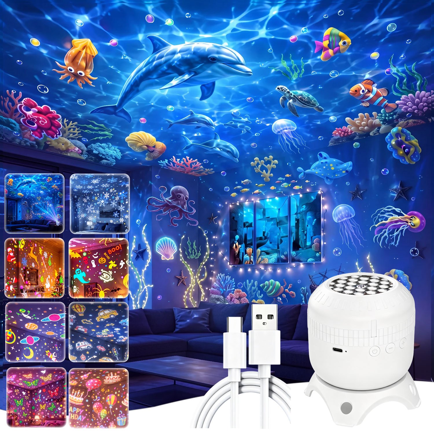 TEMU 9-in-1 Christmas Rgb Projection Lights And Ambient Night Lights, With 8 High-definition Film Patterns, Usb Ceiling, Suitable For Christmas,