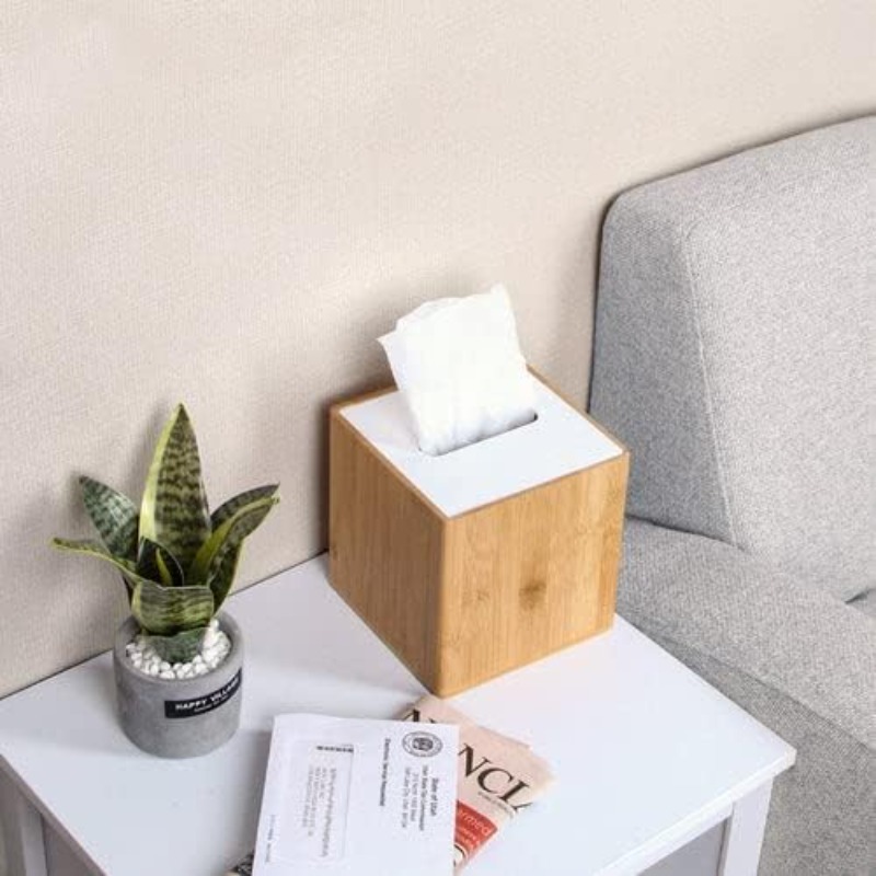     tissue box holder - bamboo-like organizer with acrylic lid, space-saving bathroom/office/ living room decor, compatible with standard tissues,   storage case mk340a, office decor,  , durable construction, functional decor, interior designers, storage organizer, decorative container Product details 4