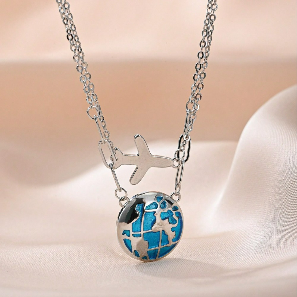 Women's Double-Layer Golden Airplane & Earth Pendant Necklace