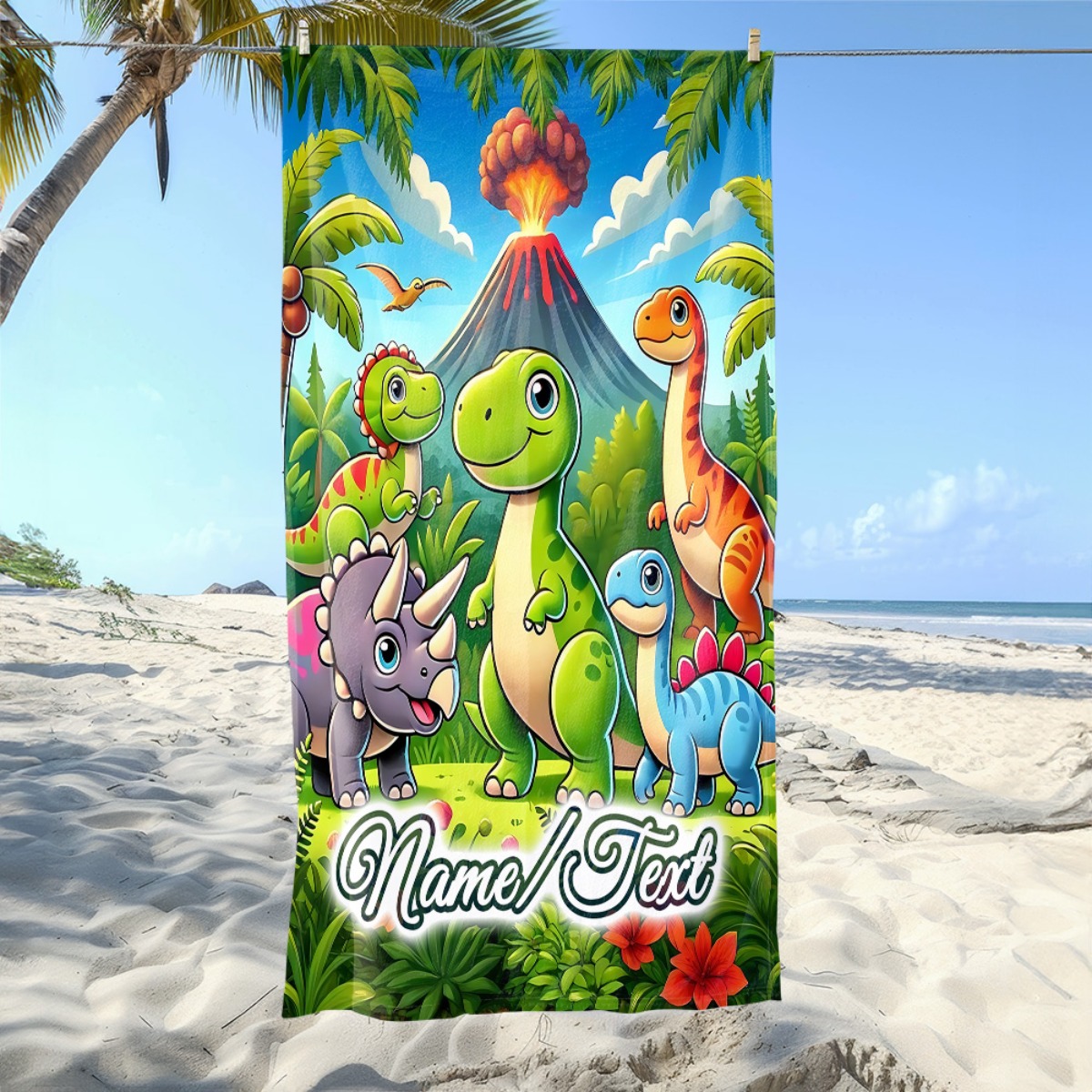 TEMU Customizable Cartoon Dinosaur Volcano Jungle Pattern Beach Towel: Quick-drying Polyester Fiber, Sand-resistant And Sun- Large Bath Towel,
