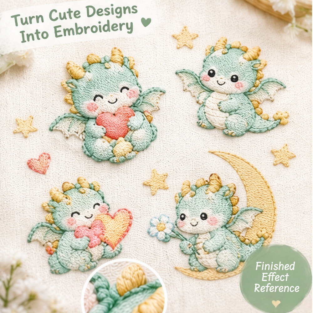 Cute Dinosaur Embroidery Pattern Kit, Water Soluble