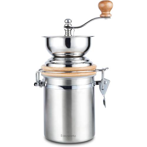 item picture grinder with 250g airtight storage jar stainless steel burr hand mill for pour over not recommended for espresso adjustable coarse settings silvery