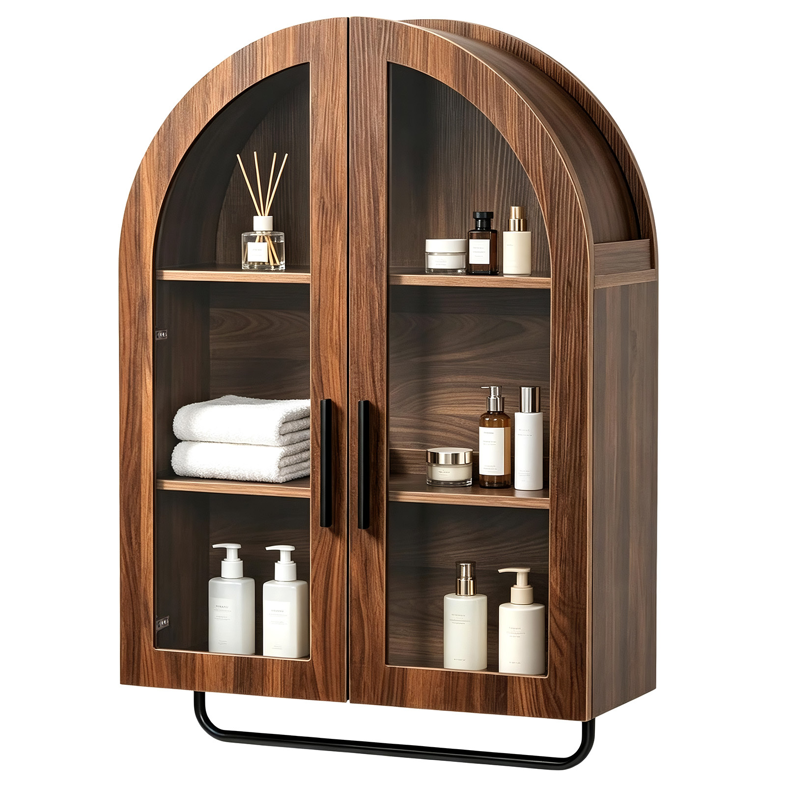 Image of Arched Medicine Cabinets, Wall-mounted Bathroom Storage Cabinet With Clear Glass And Detachable Towel Bar, Wooden Floating Wall Organizer For Kitchen Pantry Entryway