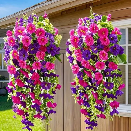2pcs uv resistant artificial hanging flowers with eucalyptus leaves vibrant pink green plants for outdoor home office garden decor holidays seasonal celebrations