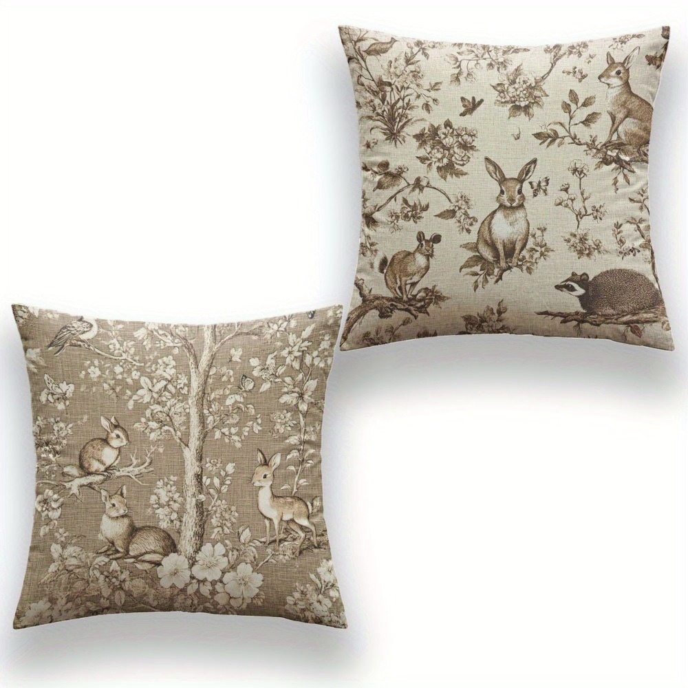 E-shop 2er-Set Kissenbezüge mit Muster - Brauner und beiger Hasen-Blumen-Tierdruck, Reißverschluss, maschinenwaschbar, geeignet für Sofas, Betten,