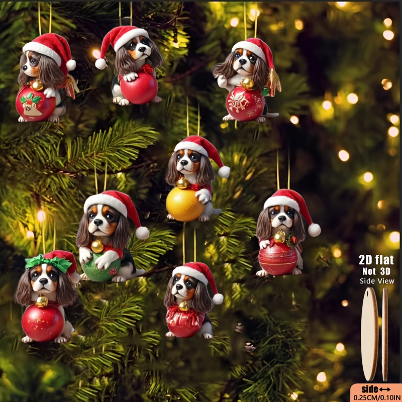 TEMU 2d Flat, 2d Flat 8pcs Wooden Hanging Ornament Set Featuring King Charles Spaniels Holding Balls In Colors And Wearing Hats With Christmas-themed