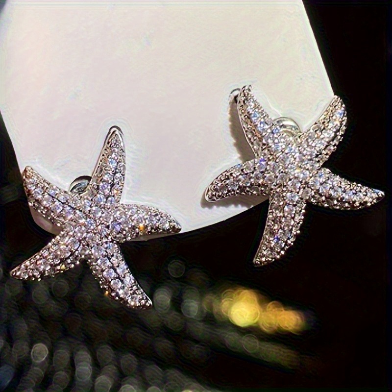 Image of Cute Micro Sparkling Zirconia Starfish Stud Earrings For For Beach Vacations Parties Daily Casual Nautical Summer Jewelry Daily Wear