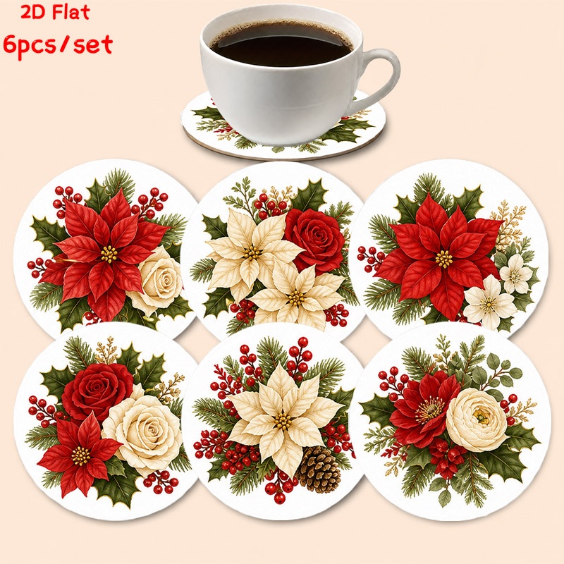 TEMU Sous-verres de Noël en bois, impression 2D à plat avec de poinsettia, rose, houx et branche de pin, lot de 6, parfaits pour la décoration de et