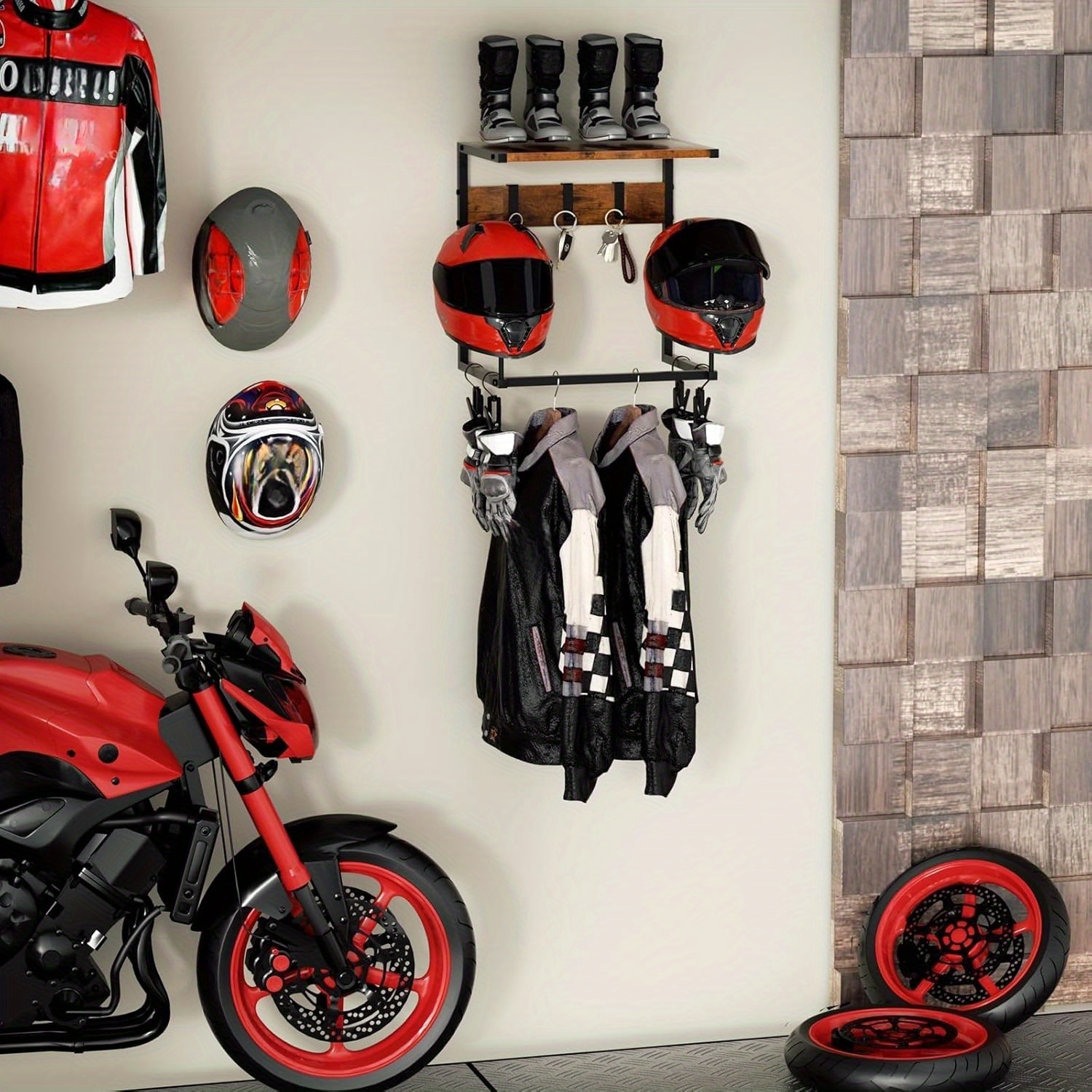 displaying motorcycle helmets garahe YS-2-03 Motorcycle helmet and riding gear storage display rack, wall mount  hanger with 4 hooks and 4 glove clips, suitable for living room and bedroom  garage wooden storage rack