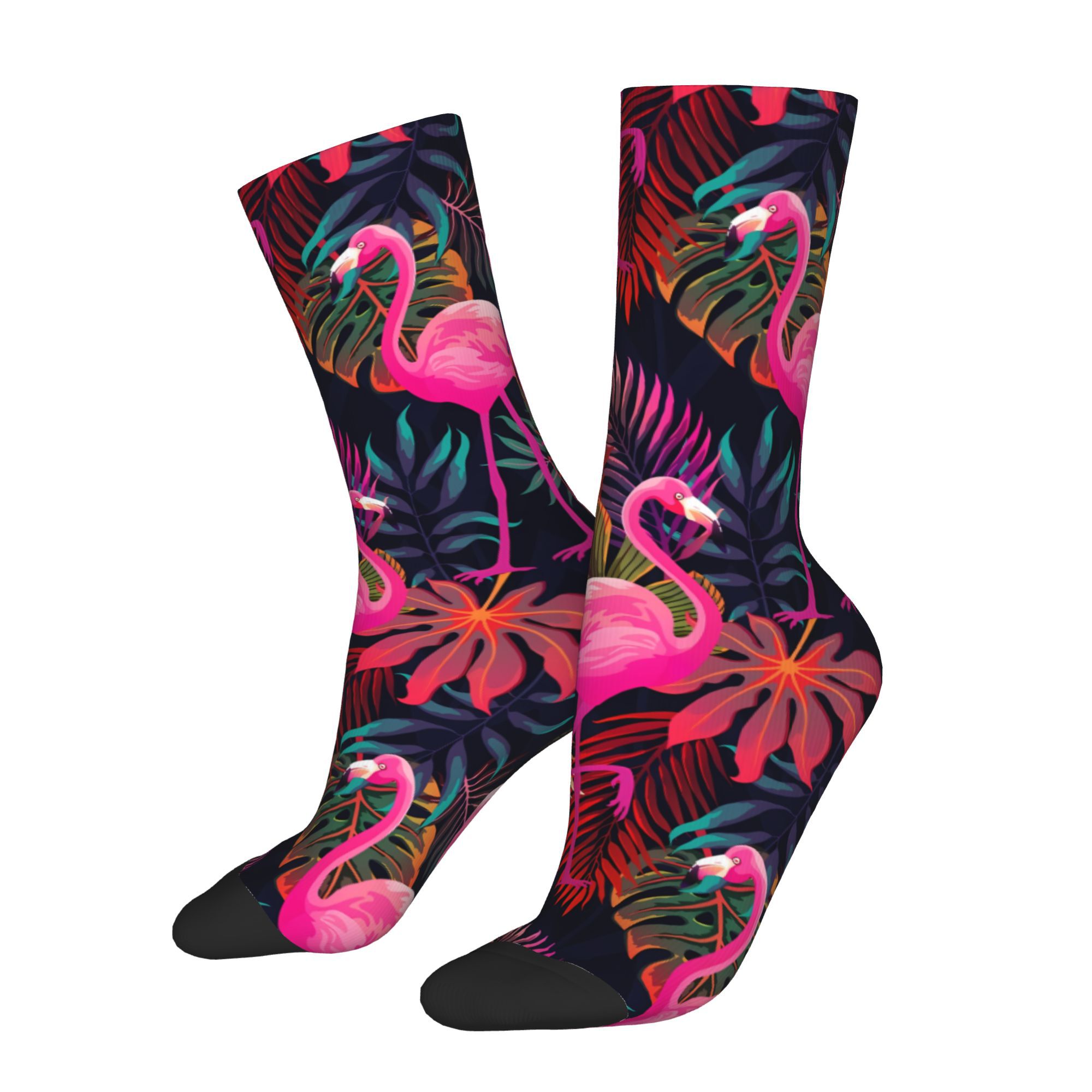 TEMU 1 Pair Biihudu Men's Tropical Flamingo & Palm Leaf Full-body Print Socks - Pink Flamingo & Palm Leaf Harajuku Streetwear Crew Socks, Novelty