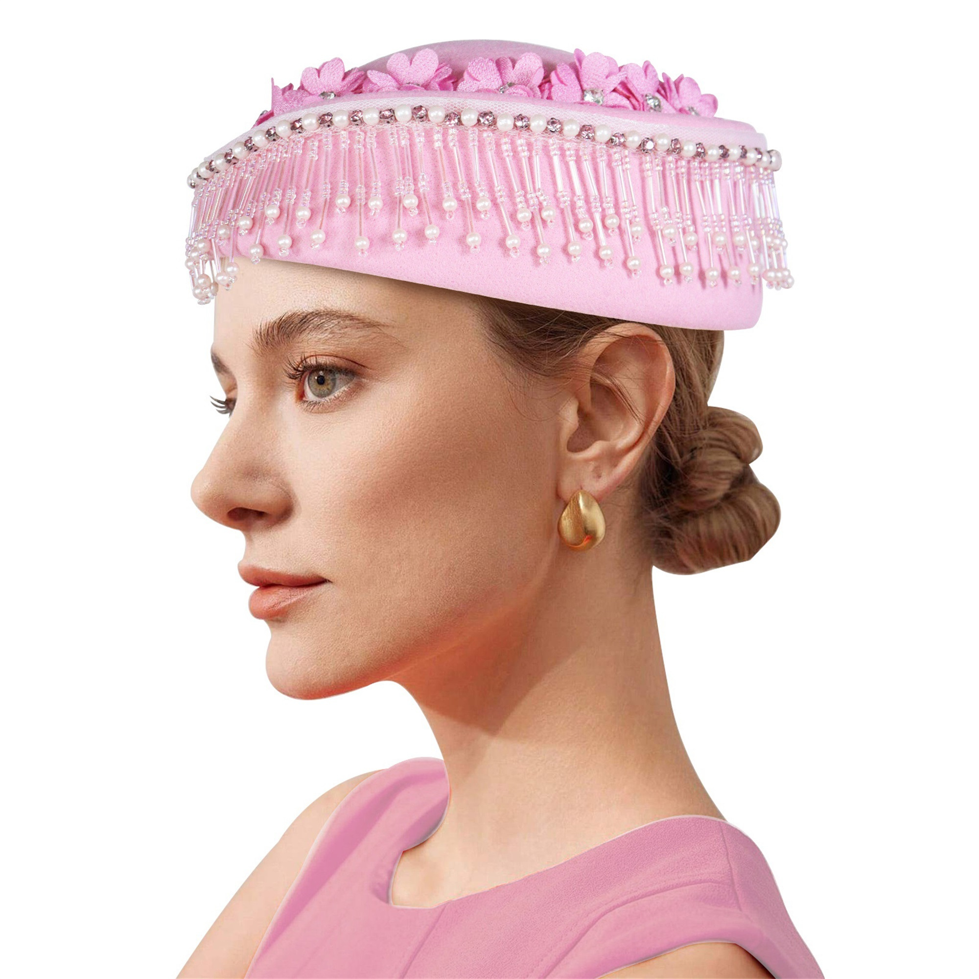 elegant felt church hat beaded tassel floral - Temu display picture 3