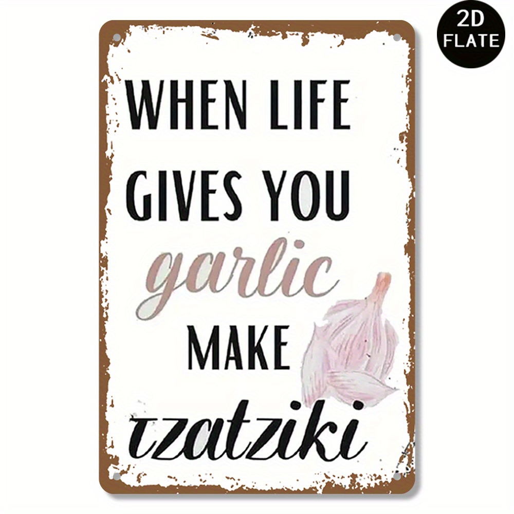 TEMU 2d Flat - A Vintage- Wall Art Sign In A 2d Flat Design, Ideal For Rustic , Featuring A Quote About Garlic And /tzatziki. This Greek Food-themed
