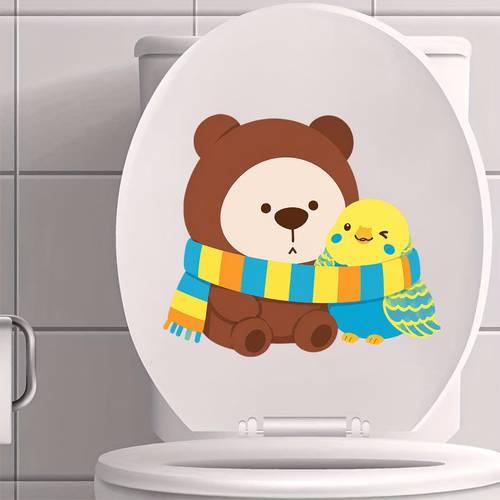 item picture 2d flat 2d flat 2d flat decoration 1pc cute bear parrot toilet seat sticker funny creative toilet sticker removable toilet lid decal sticker decoration sticker decal suitable for bathroom bedroom and home decoration