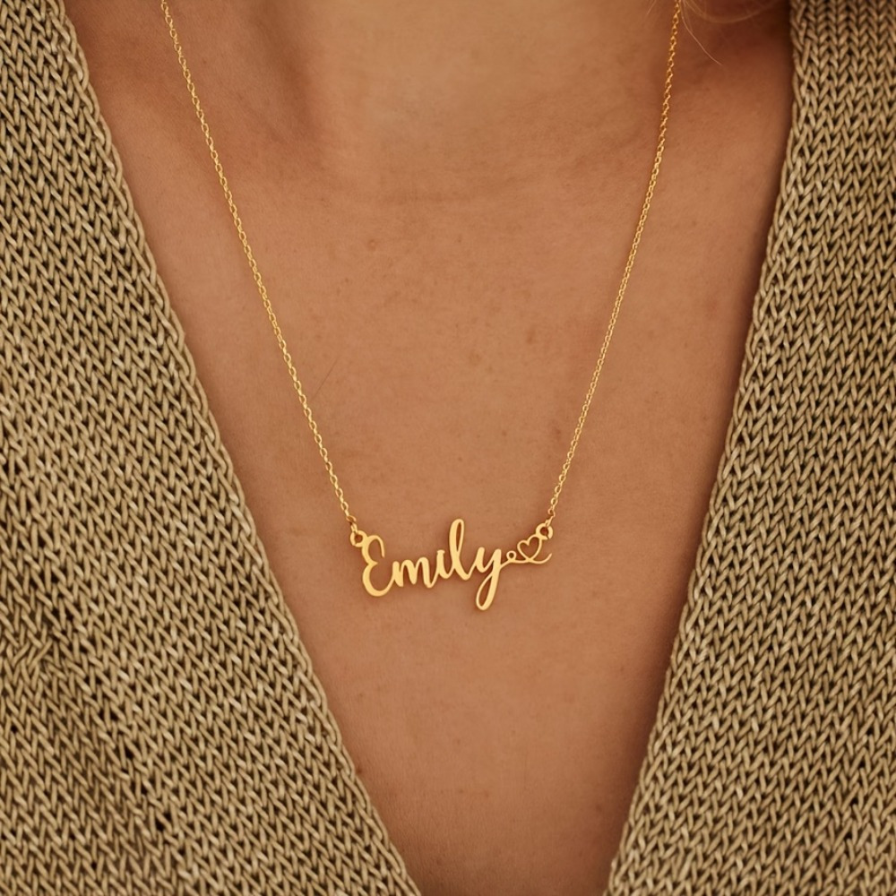 TEMU Custom Engraved Stainless Steel Name Necklace With Heart Pendant - Elegant And Minimalist Style, Suitable For Casual Wear Or As A Birthday,