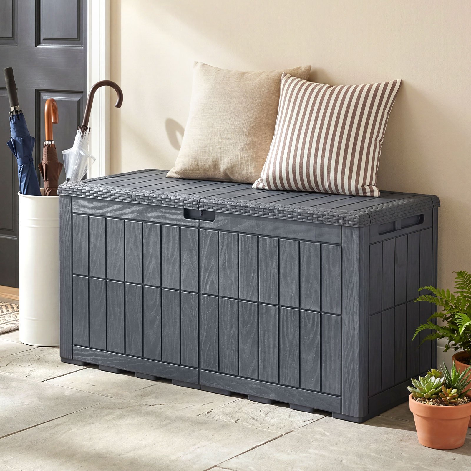 TEMU Boîte de rangement extérieure 100 Gal, bac de rangement verrouillable toutes saisons avec couvercle et poignées, boîte, , étagère pour le