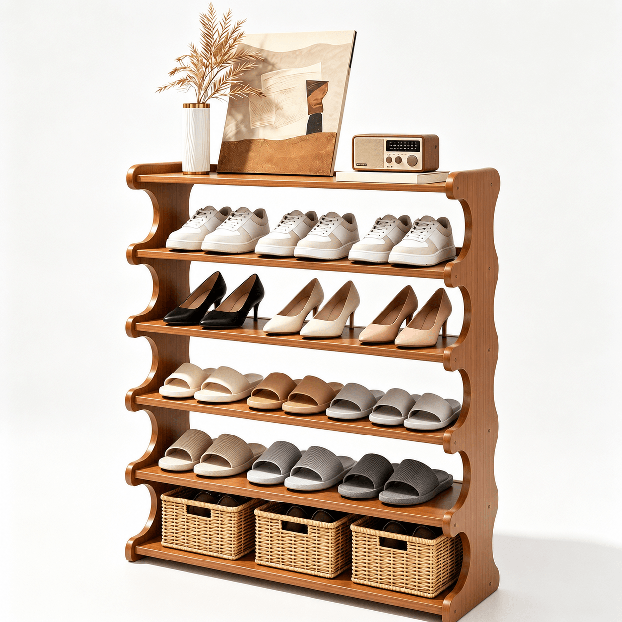 TEMU 1pc Bamboo Shoe Rack 3-tier/5-tier/6-tier -standing Shoe Shelf Shoe Storage Organizers Space Saving, Easy To Assemble And Space-saving Shoe Rack