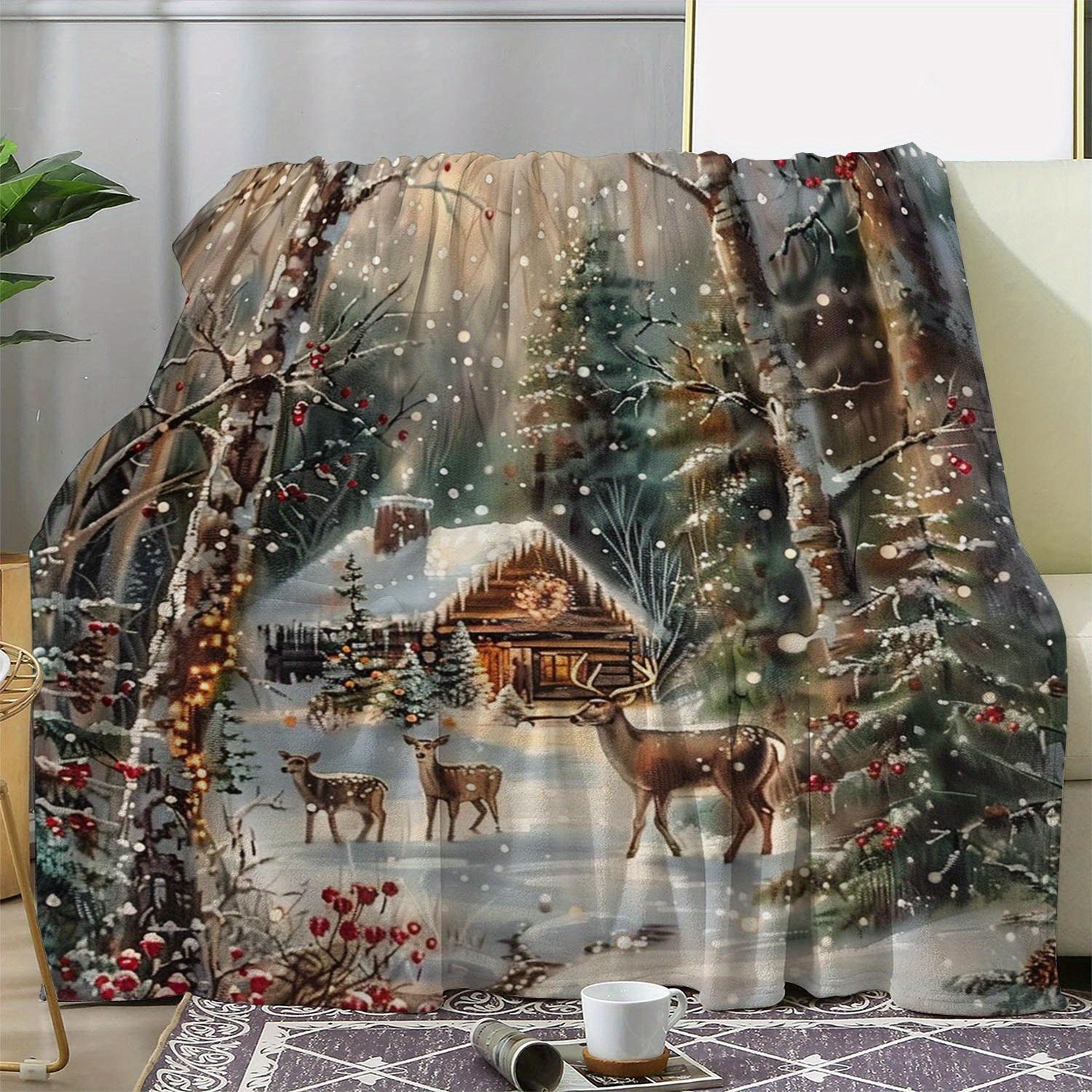 TEMU Couverture en Flanelle Hiver Forêt Neige 59x78 Pouces | Drap de Lit Doux et Confortable avec , Cabane et Saules, Impression Numérique Dorée,