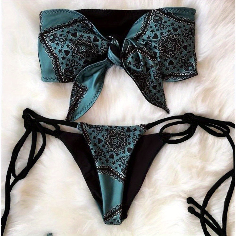 TEMU Vintage Printed Bikini 2025 New Chest Knotted Swimsuit Women's Strap Swimsuit Europe And America