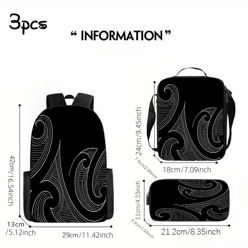 TEMU Travel Commuting Holiday Gift 3pcs New Zealand Maori Style Trendy Backpack Collection Featuring Adjustable Shoulder Straps, Polyester Interior,