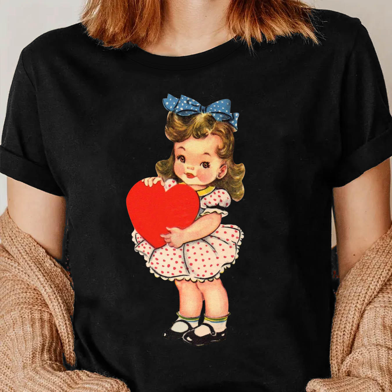 

Women's Valentine's Day T-shirt, Cartoon Girl With Red Heart Print, Casual Crew Neck, Short Sleeve, Polyester Knit With Slight Stretch, Regular Fit Top For All