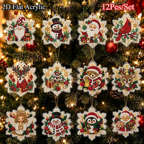 2d flat 12pcs christmas snowflake pearl diamond painting pendants set 2d flat acrylic christmas tree decor diy pearl art pendants decor christmas gift for christmas decoration 2d flat