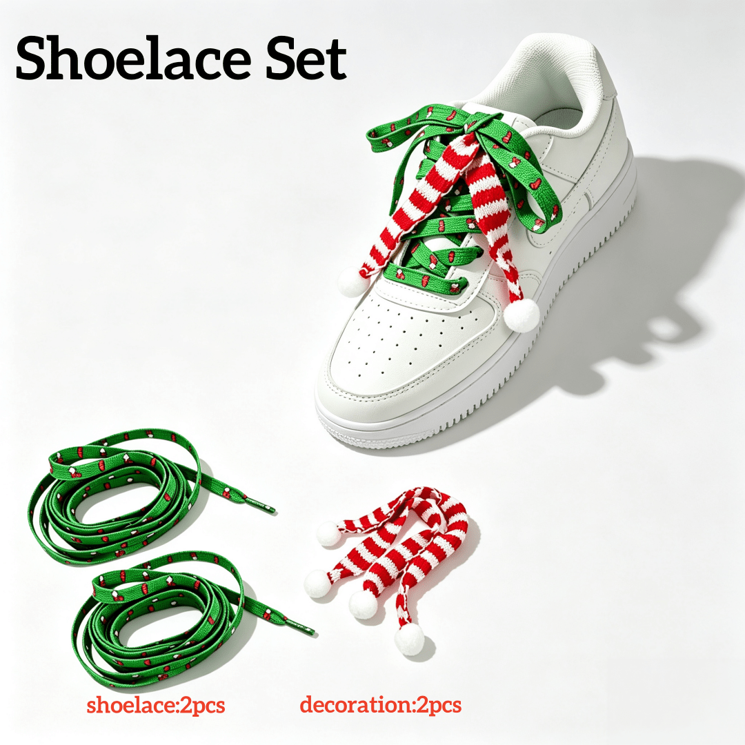 TEMU 1 Pair Of Christmas Green Shoelaces, 120cm Long, With Decoration Set, Includes 2 Christmas-themed Shoelaces And 2 Cute Striped Tassel Ornaments,