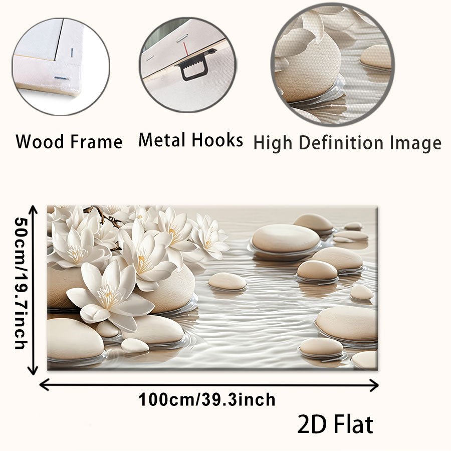 TEMU 2d Flat, 1pc Framed Canvas Poster, White Flowers And Stones Canvas Painting, Halloween Christmas Gifts, Wall Art Office, Kitchen, Living Room,