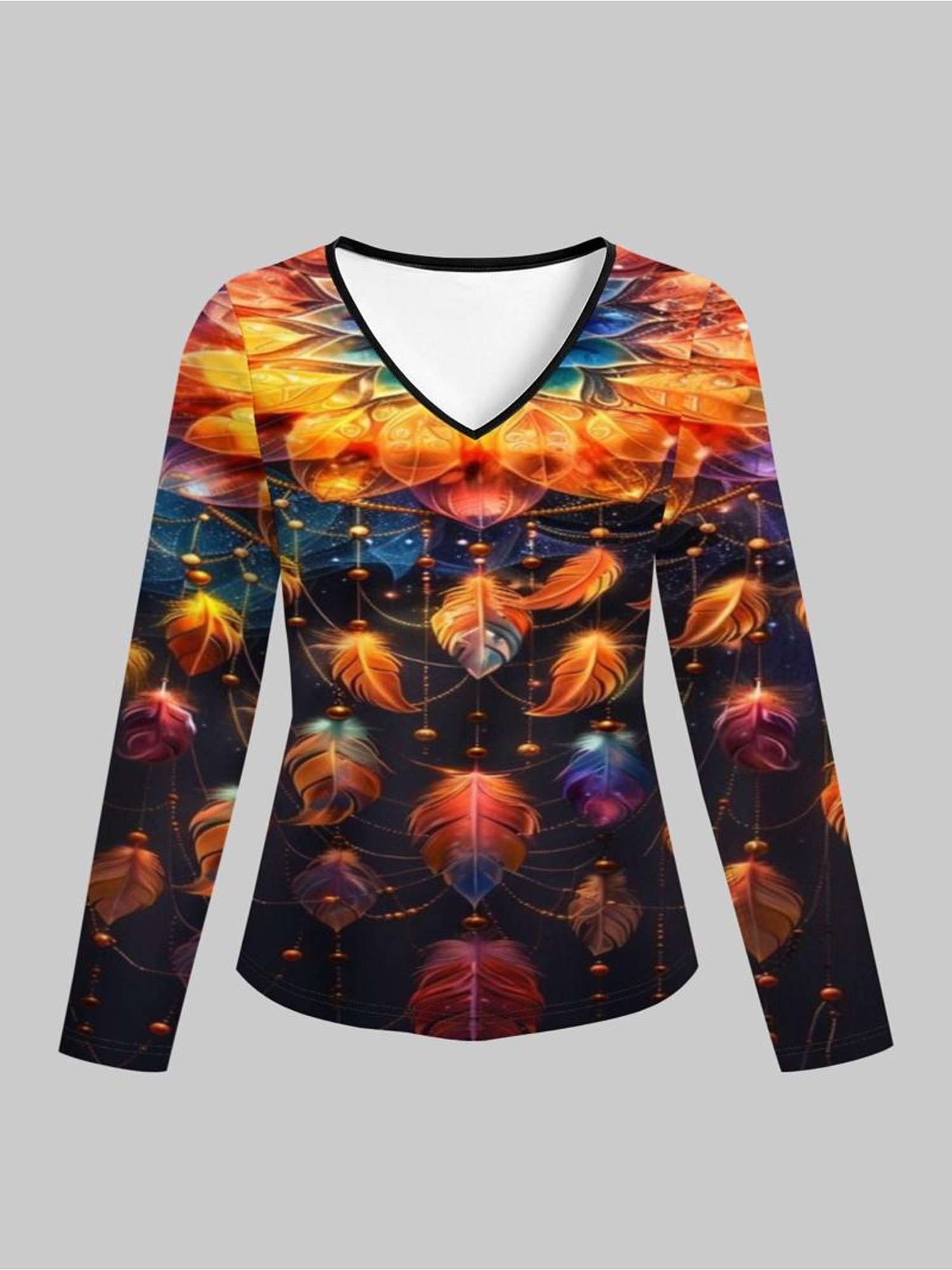 item picture   vintage sunset warm   full print v neck long sleeve top womens spring autumn all match casual long sleeve base layer