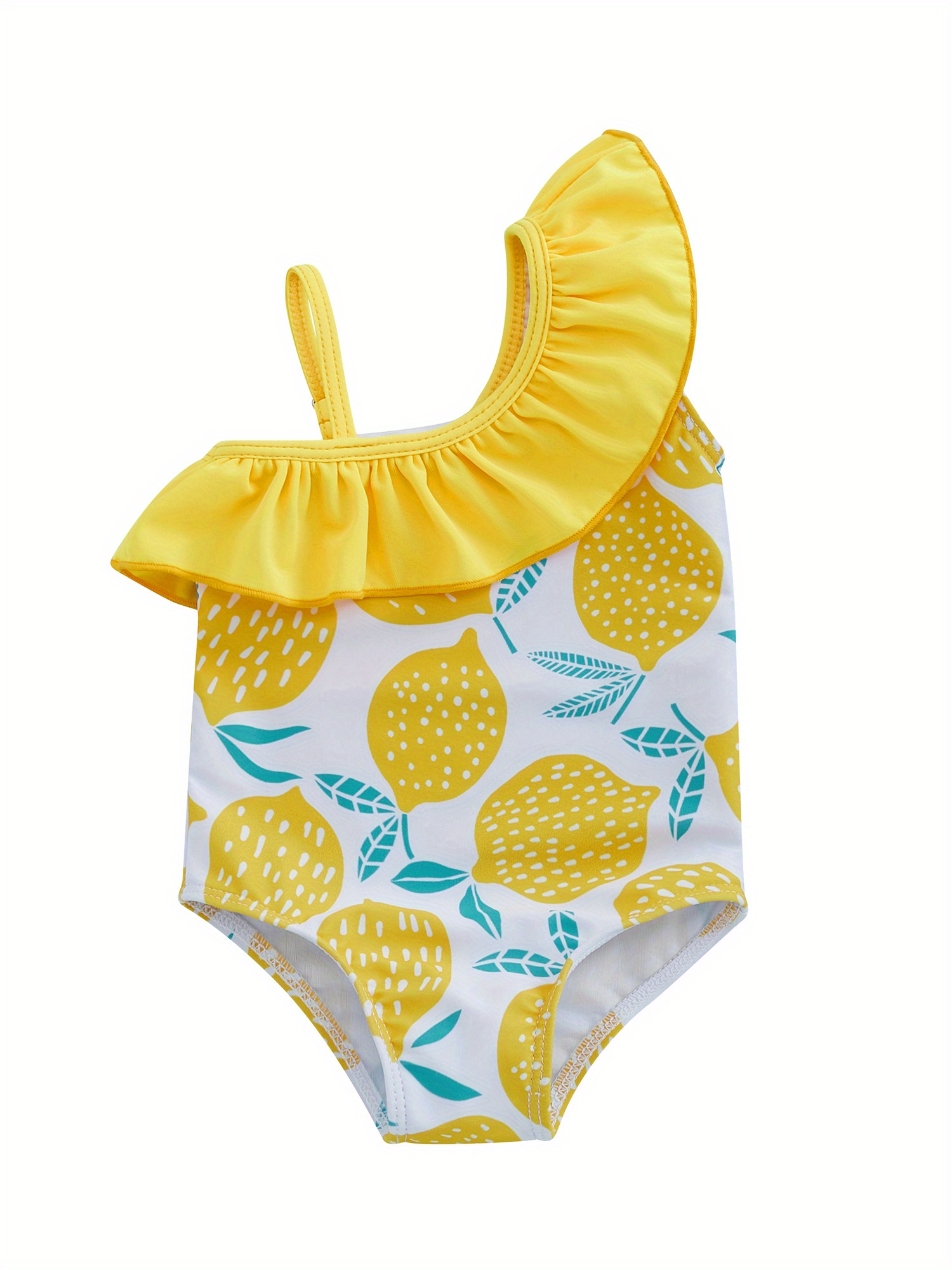 Adorable Lemon Print Baby Girl Swimsuit with Shoulder Design Stretchy,  Machine Washable Summer Bathing Suit for Infants Toddlers, Poolside
