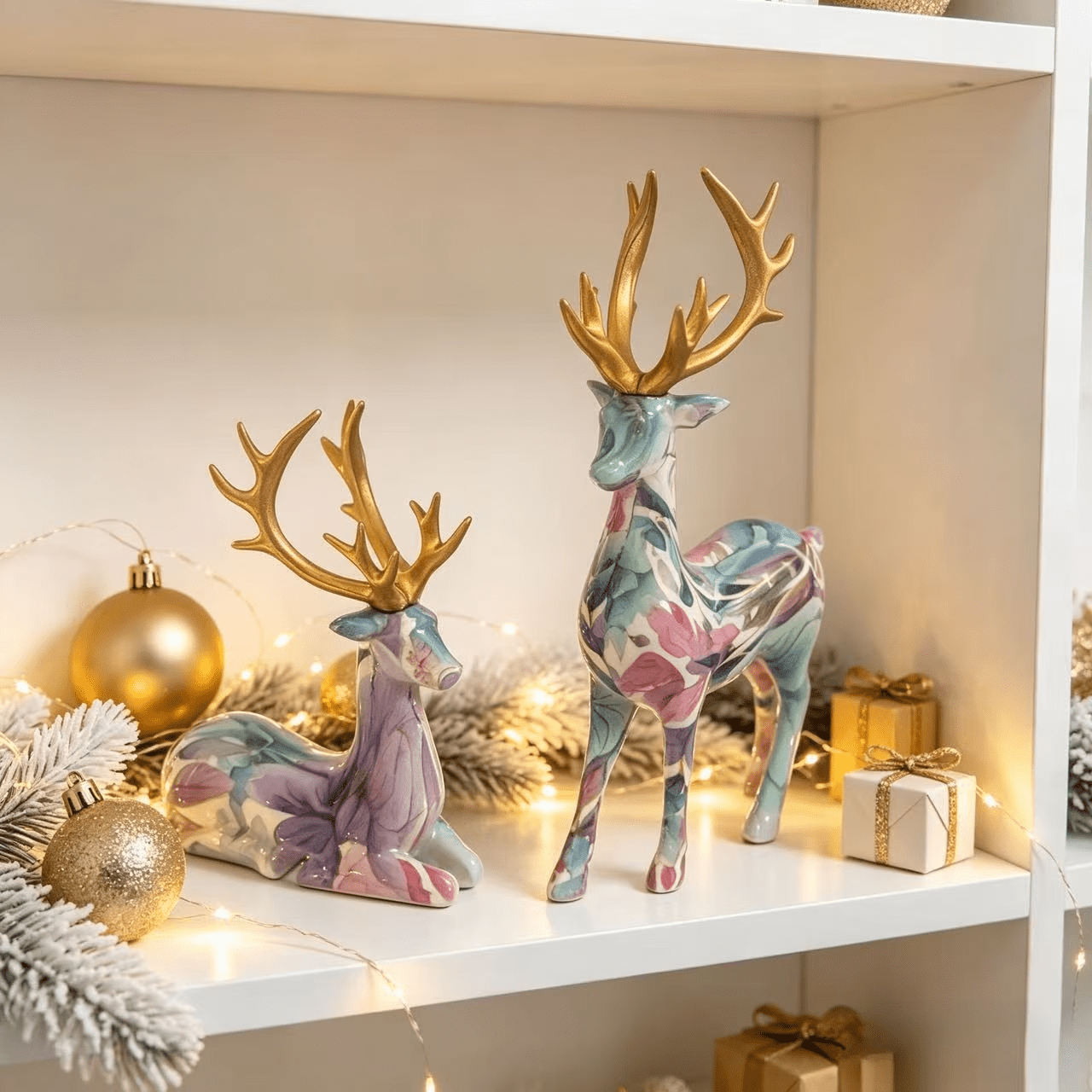 TEMU 2pcs Colorful Floral Reindeer Figurines, Resin Elk Statue With , Christmas Table Shelf Home Decoration, Housewarming Holiday Gift