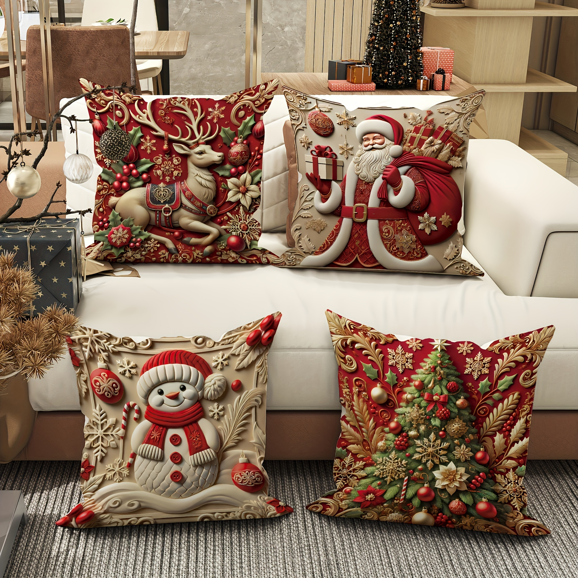 

Christmas 4pcs Pillowcase Set - , , Snowman & | Zippered Polyester For Sofa & Decor |